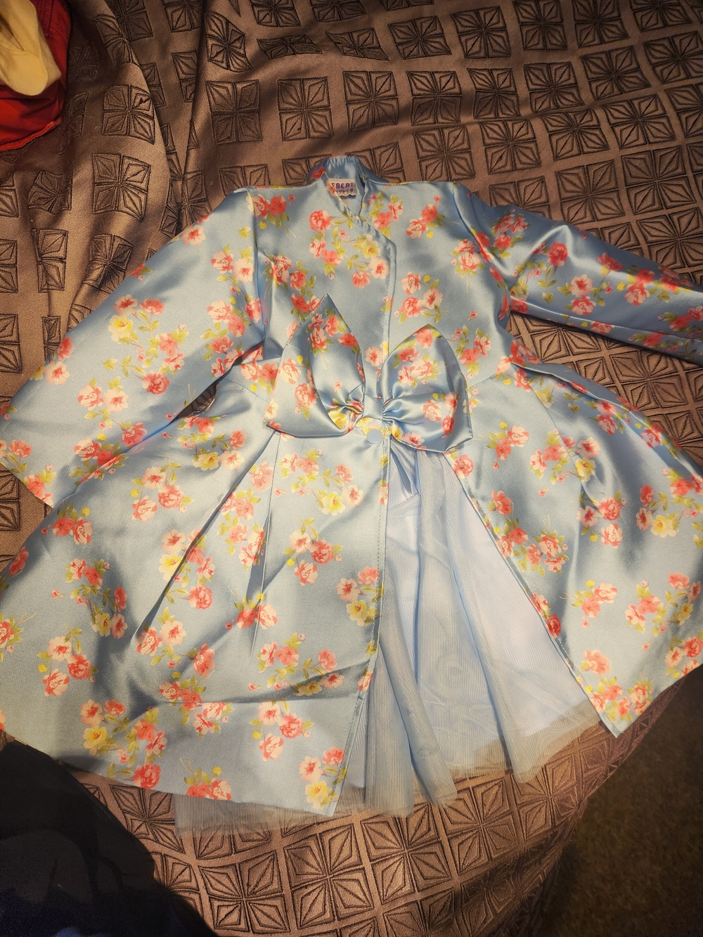 Blueberi Boulevard Light Blue Floral Satin Tie-Waist Girls' Dress Coat
